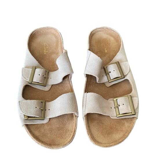 Clarks Leather Suede Double Buckle Slide Tan Sandals size 10 no box - Picture 3 of 9